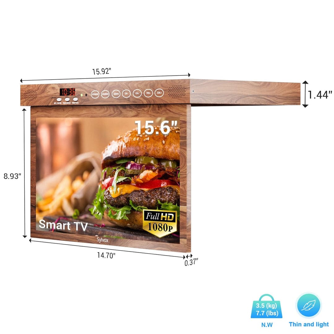 Sylvox 15,6" Küchen-TV Holz-Optik – Unterbaufernseher klappbar für Landhausküchen