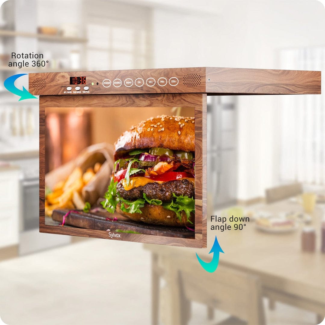 Sylvox 15,6" Küchen-TV Holz-Optik – Unterbaufernseher klappbar für Landhausküchen