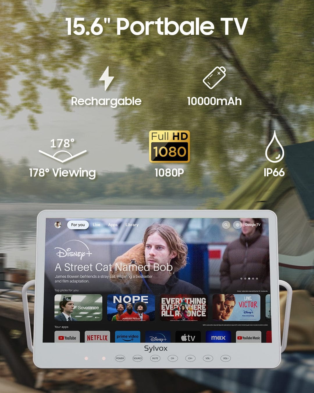 Sylvox 15,6 Zoll Akku TV | Kleiner Tragbarer Fernseher für Camping